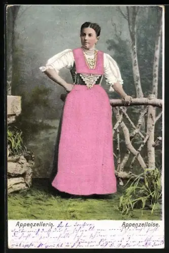 Stoff-Präge-AK Appenzellerin in traditioneller Kleidung