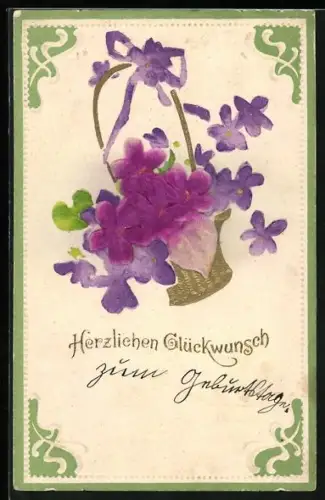 Stoff-Präge-AK Blumenkorb mit Veilchen, Herzlichen Glückwunsch