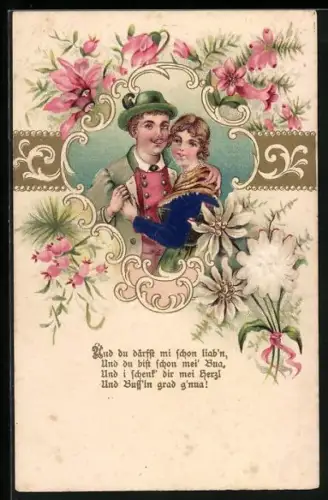 Stoff-Präge-AK Paar in einem Rahmen umgeben von Blumen