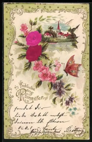 Stoff-Präge-AK Schmetterling fliegt zu Blumen, Ortsansicht mit Schwanenteich, Fröhliche Pfingsten