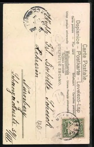 Stoff-Präge-AK Schmetterling fliegt zu Blumen, Ortsansicht mit Schwanenteich, Fröhliche Pfingsten