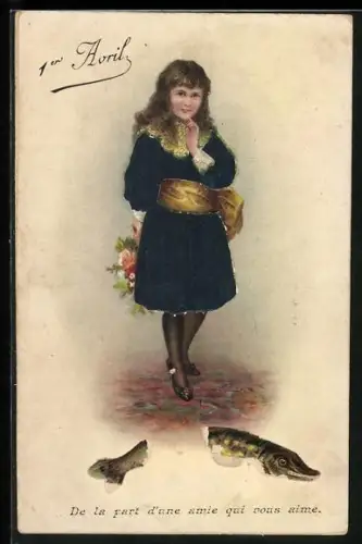 Stoff-Präge-AK Mädchen mit Blumenstrauss und Fisch, 1er Avril