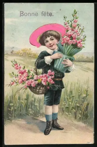 Stoff-Präge-AK King mit Blumenkorb auf einer Wiese, Bonne fête