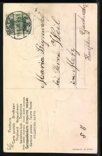 Stoff-Präge-AK King mit Blumenkorb auf einer Wiese, Bonne fête