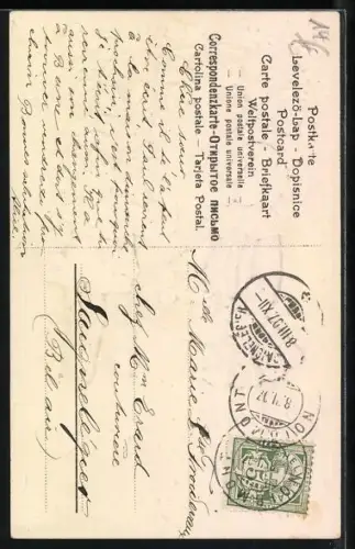 Stoff-Präge-AK Zwei Kinder mit Rosen und Kleeblättern, Petite fleur en ton langage, Va porter le simple message...