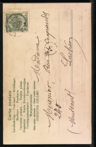 Stoff-Präge-AK Trompeter mit rotem Umhang steht Trompete spielend neben seinem Pferd, Behüt Dich Gott!