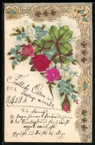 Stoff-Präge-AK Rosen, Klee und Vergissmeinnicht