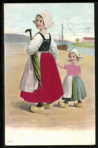 Stoff-Präge-AK Niederländische Mutter und Tochter in Echtstoff Kleidern