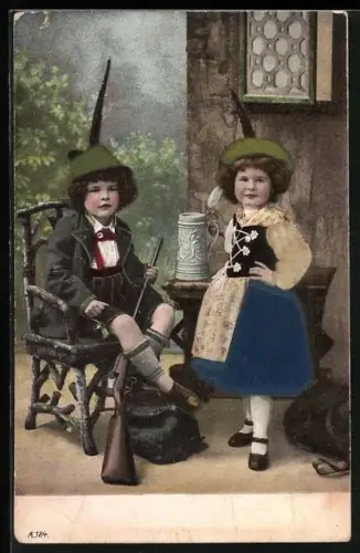 Stoff-Präge-AK Bayerische Kinder in Tracht und Gewehr