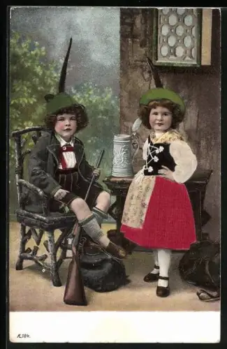 Stoff-Präge-AK Bayerische Kinder in Tracht und Gewehr