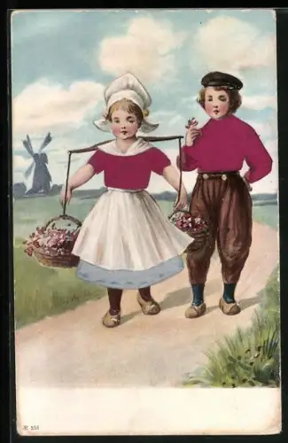 Stoff-Präge-AK Zwei Kinder mit Blumenkörben mit Mühle im Hintergrund