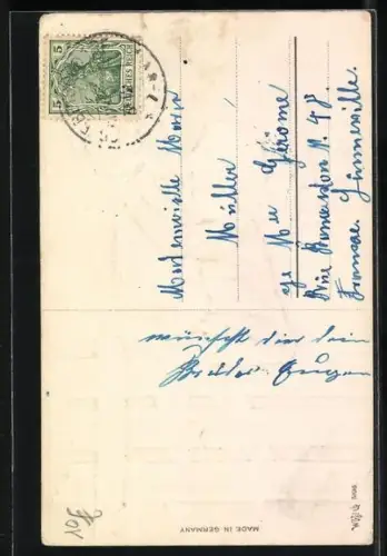 Stoff-Präge-AK Kind auf einem Zaun mit einem Strauss Kleeblätter, Frohes Neujahr