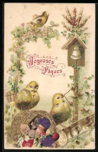 Stoff-Präge-AK Osterküken mit Ostereiern, Joyeuses Paques