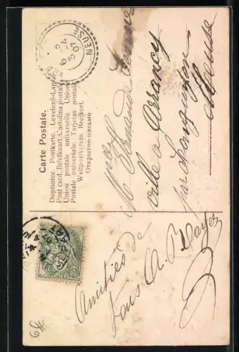 Stoff-Präge-AK Osterküken mit Ostereiern, Joyeuses Paques