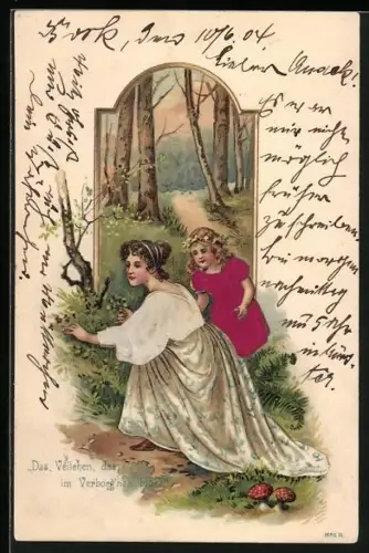 Stoff-Präge-AK Frau und Kind pflücken Blumen im Wald, Das Veilchen, das im Verborg`nen blüht