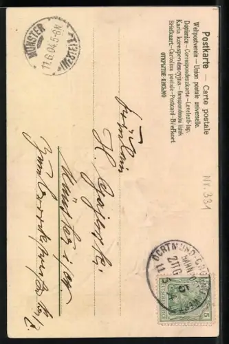 Stoff-Präge-AK Frau und Kind pflücken Blumen im Wald, Das Veilchen, das im Verborg`nen blüht