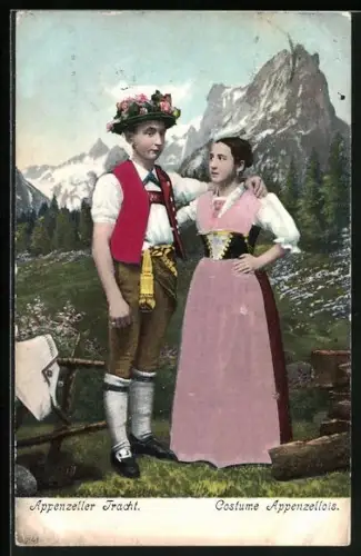 Stoff-Präge-AK Paar in Appenzeller Trachten vor Berglandschaft