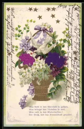 Stoff-Präge-AK Blumenkorb mit Taube, die einen Brief im Schnabel hält