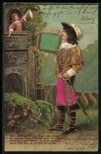 Stoff-Präge-AK Trompeter vor dem Fenster einer Frau