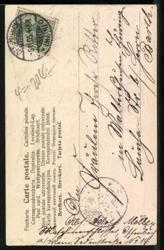 Stoff-Präge-AK Frau mit Trompete, Mann hört ihr zu