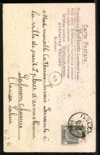 Stoff-Präge-AK Schwalbe vor Flusslandschaft mit Blumen