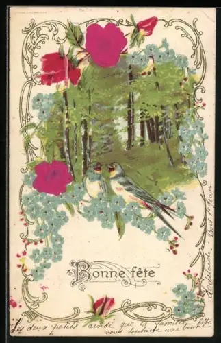 Stoff-Präge-AK Zwei Schwalben im Wald mit Vergissmeinnicht und Rosen, Bonne fête