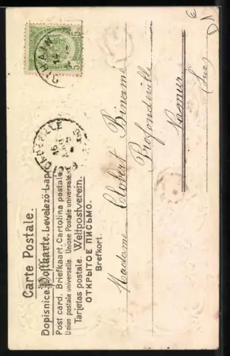 Stoff-Präge-AK Zwei Schwalben im Wald mit Vergissmeinnicht und Rosen, Bonne fête