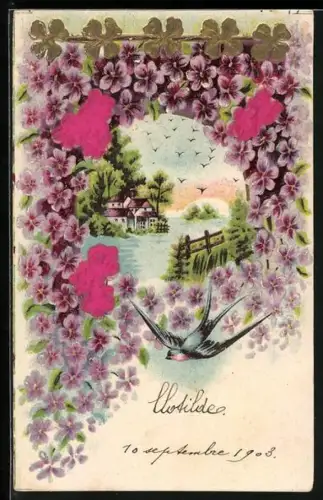 Stoff-Präge-AK Schwalbe vor einer Flusslandschaft mit Veilchen und Klee