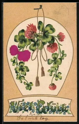 Stoff-Präge-AK Kleeblüten und blätter in Hufeisenform, Viel Glück