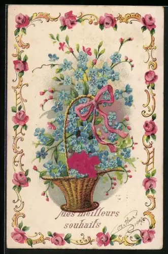 Stoff-Präge-AK Blumenkorb mit Vergissmeinnicht und Rahmen mit Rosen, Mes meilleurs souhaits