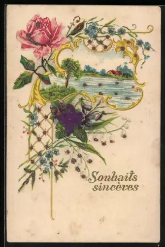 Stoff-Präge-AK Rosen, Vergissmeinnicht und Maiglöckchen vor Flusslandschaft