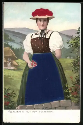 Stoff-Präge-AK Volkstracht aus dem Gutachtal, Schwarzwälder Tracht