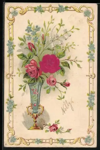 Stoff-Präge-AK Rosen, Vergissmeinnicht und Maiglöckchen in einer Blumenvase