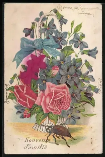 Stoff-Präge-AK Maikäfer mit einem Korb voller bunter Blumen