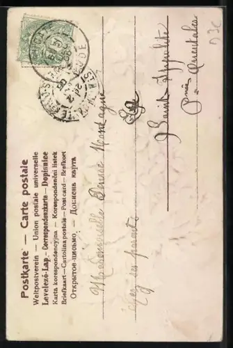 Stoff-Präge-AK Maikäfer mit einem Korb voller bunter Blumen