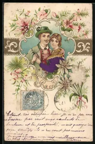 Stoff-Präge-AK Paar in Rahmen mit Blumen, Edelweiss
