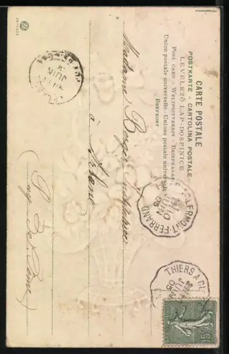 Stoff-Präge-AK Blumenkorb mit Veilchen