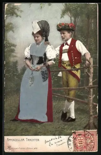 Stoff-Präge-AK Paar in Appenzeller Trachten