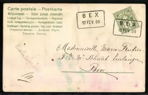 Stoff-Präge-AK Blumen und Windmühle