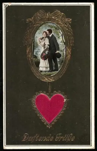 Stoff-Präge-AK Liebespaar und Herz