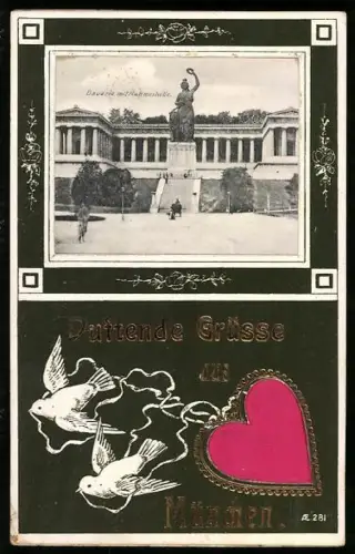 Stoff-Präge-AK Bavaria mit Ruhmeshalle, Herz