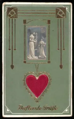 Stoff-Präge-AK Mutter mit Kindern und Herz