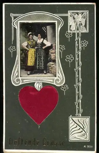 Stoff-Präge-AK Frauen in Tracht und Herz