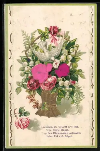 Stoff-Präge-AK Blumenstrauss und Brieftaube