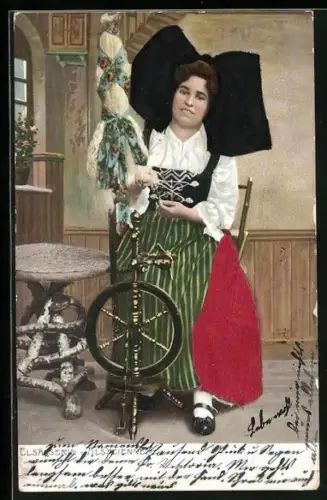 AK Elsässerin in elsass-lothringischer Tracht am Spinnrad