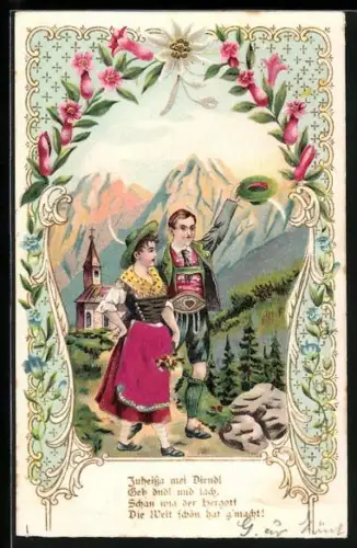 Lithographie Juheissa mei Dirndl, Bayerisches Liebespaar in Tracht