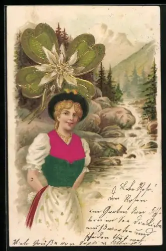 Stoff-Präge-AK Frau in Tracht und Kleeblatt