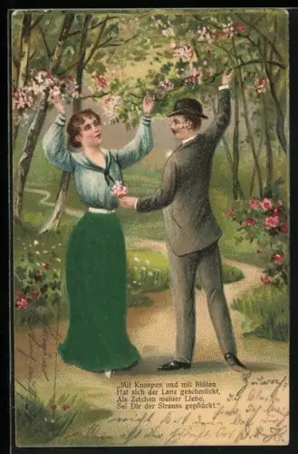 Stoff-Präge-AK Liebespaar im Wald