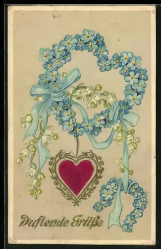 Stoff-Präge-AK Herz aus Blumen mit Herzkette