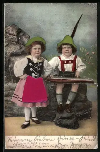 AK Niedliches Kinderpaar in bayrischer Tracht